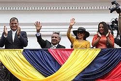 President Lenin Moreno, first lady Rocio Gonzalez Navas and his predecessor Rafael Correa, 3 April 2017 CAMBIO DE GUARDIA.jpg