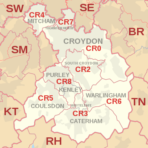 CR postcode area map, showing postcode districts, post towns and neighbouring postcode areas.
