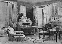 Caine's study at Hawthorns, 1889, drawn by A. Tucker. The bust of Shakespeare on the desk originally belonged to Rossetti. The chair, designed and made for Caine by William Morris, is on the left. On the right, a carved oak chair from Cheyne Walk.