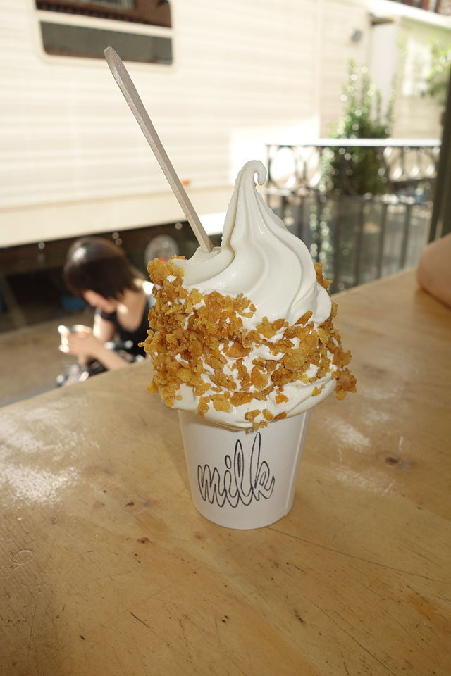 Cereal Milk-flavored soft serve topped with cornflakes