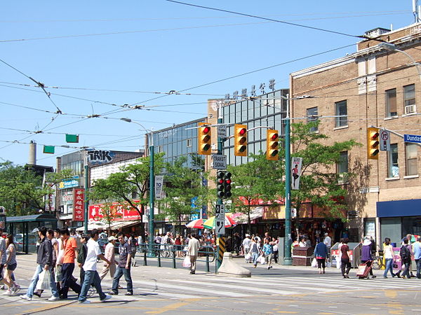 Street level "downtown" Chinatown at the intersection of Dundas Street and Spadina Avenue