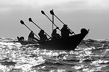 Chumash wooden canoes, Tomol 'Elye'wun paddlers Chumash Tomol 'Elye'wun paddlers, CINMS.jpg