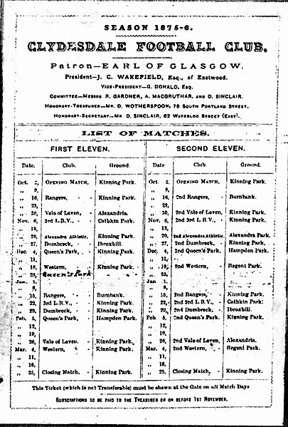 Clydesdale Football Club fixture card for 1875–76