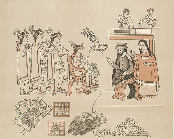 Hernán Cortés and La Malinche meet the emperor Moctezuma II in Tenochtitlán, November 8, 1519.