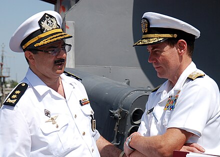 Vice Admiral Kevin Cosgriff, commander, U.S. Naval Forces Central Command, meets with Vice Admiral, Azerbaijani Navy, Shahin Sultanov during his visit to Baku, Azerbaijan