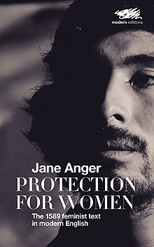 Cover of 'Protection for Women' by Jane Anger in a modern English translation, published 2019. Cover of 'Protection for Women' by Jane Anger in a modern English translation.jpg