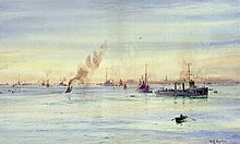 Painting depicting Harwich Force at anchor in 1914, by William Lionel Wyllie. Cruisers and destroyers at Harwich RMG PW0882.jpg