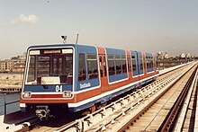 Blue and red Docklands Light Railway train in 1987