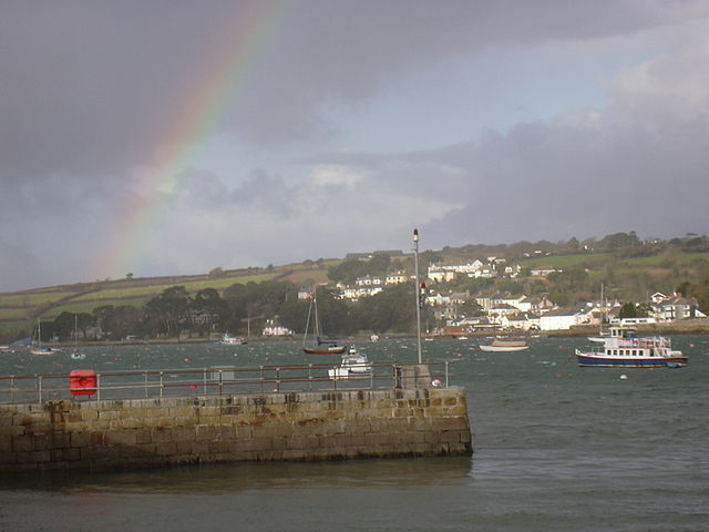 Flushing, from Fish Strand Quay, Falmouth, with rainbow