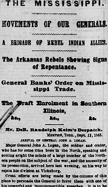 Excerpt of Civil War report by DeB. Randolph Keim from Memphis, Tennessee, New York Herald, Sept. 18, 1863. DeB. Randolph Keim's Despatch (New York Herald excerpt Sep 18, 1863).jpg
