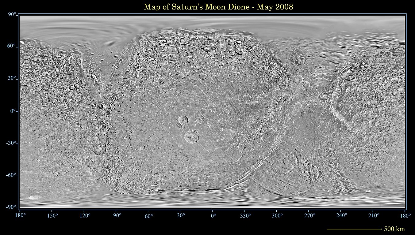 Mapa Dione wykonana w maju 2008 przez sondę Cassini-Huygens.