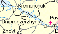 Map of the Kamianske Reservoir with the former name of the city