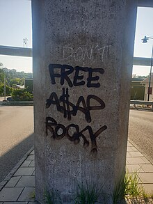Street art saying Free A$AP Rocky, with the addition Don't in front.