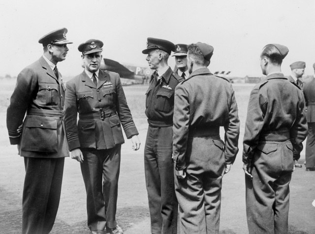 During his visit to RAF Waddington in June 1944, Prince Henry, Duke of Gloucester, meets the crews of No. 467 Squadron RAAF.