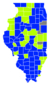 Provincies in blauw worden gewonnen door Matteson en provincies groen door Webb