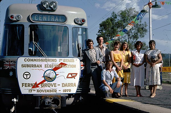 EMU01 at Ferny Grove station on the first electric service in Brisbane in November 1979