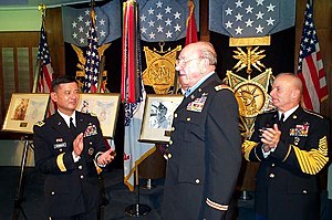 After receiving the Medal of Honor, Ed Freeman was inducted into the Pentagon's Hall of Heroes on July 17, 2001, by Army Chief of Staff General Eric Shinseki and Sergeant Major of the Army Jack L. Tilley. EdFreemanMoH.jpg