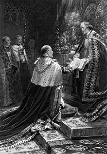 King Edward VII taking the oath at his coronation in 1902. Edward VII coronation oath 1902.jpg