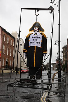Traditional effigy of Robert Lundy in Derry prior to being burnt by the Apprentice Boys Effigy of Lundy the Traitor.jpg