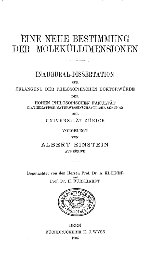 Cover image of the PhD dissertation of Albert Einstein