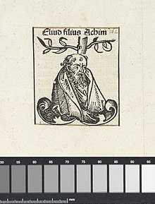 Eliud as depicted in the Nuremberg Chronicle (1493). Eliud Elius filius Achim (titel op object) Liber Chronicarum (serietitel), RP-P-2016-49-26-9.jpg