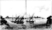 The Ypiranga, Mearim, Araguary and Iguatemy trying to refloat the Jequitinhonha Episodios do dia 13 de Junho de 1865. Combate Naval de Riachuelo. Os vapores Ypiranga (com. Alvaro de Carvalho), Mearim (com. Barboza), Araguary (com. Hoonholtz) e Iguatemy (com. Coimbra), trabalhando em desencalhar o Jequitinhonha.jpg