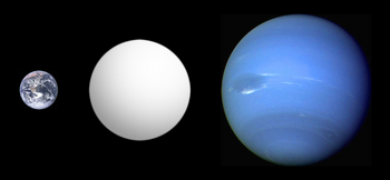 Illustration of the inferred size of the super-Earth GJ 1214 b (center) in comparison with Earth and Neptune. Exoplanet Comparison GJ 1214 b.png