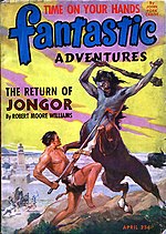 The Return of Jongor took the cover for the April 1944 issue of Fantastic Adventures, illustrated by J. Allen St. John