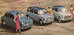 Fiat 1100 (provedení 1955): zprava verze Berlina (sedan), Familiare (kombi) a TV (Tourismo Veloce)