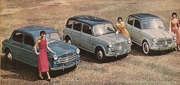 Various versions of the 1100/103 (spring 1955). From right to left: Berlina (sedan), Familiare (estate), TV (Turismo Veloce).