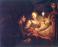 ろうそくが灯る寝室で女性に贈り物をする男性（1665年の油絵）