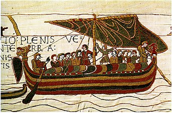 Un bateau viking représenté sur la tapisserie de Bayeux.