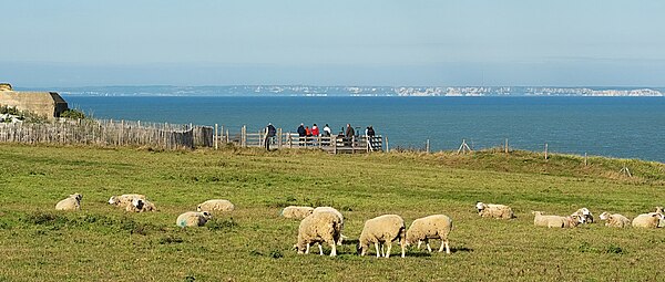 The Strait of Dover viewed from France, looking towards England. The white cliffs of Dover on the English coast are visible from France on a clear day