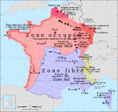 Mapa que representa a divisão do território francês, durante a Segunda Guerra Mundial, entre uma zona franca correspondente a um grande terço do sudeste do país e uma zona ocupada correspondente ao norte do país e à costa atlântica.