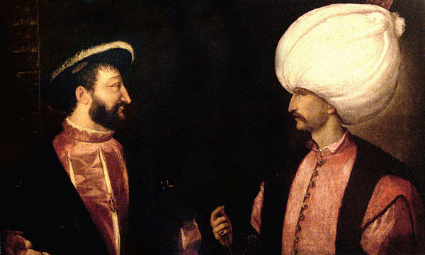 Francis I (left) and Suleiman I (right) initiated the Franco-Ottoman alliance. They never met in person; this is a composite of two separate paintings
