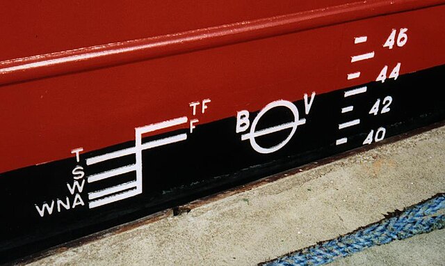 Load line markings on a cereal carrier, certified by Bureau Veritas.