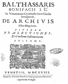 Frontespizio del De Archivis di Baldassarre Bonifacio, 1632