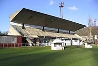 The main stand at Netherdale, which is a Category A listed building. GalaFairydeanground.jpg