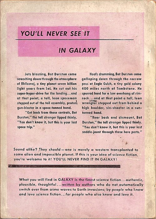 Back cover of the premier issue of Galaxy Magazine