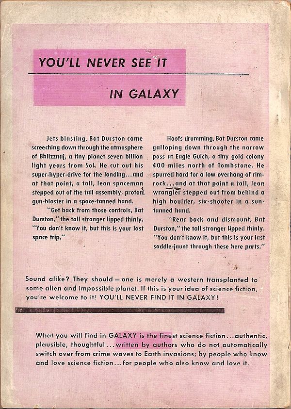 Back cover of the premier issue of Galaxy Magazine