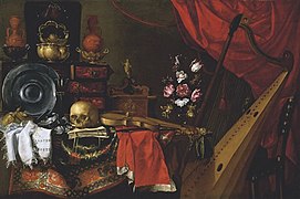 Vanitas con teschio appoggiato su un libro con altri oggetti in peltro su un tavolo ricoperto da un tappeto, di Giuseppe Recco, Collezione privata