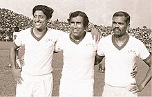 (left to right) Goswami, Banerjee and Balaram, the Golden Trio of Indian football, won gold at the 1962 Asian Games. GoldenTrioIndianFootball.jpg