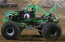 This image of Grave Digger, minus much of its body work, reveals how far removed monster truck designs are from the traditional trucks they somewhat resemble. Grave digger.JPG