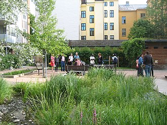 Urban decentralized grey water treatment with constructed wetland in Oslo Greywater treatment garden (3212483147).jpg