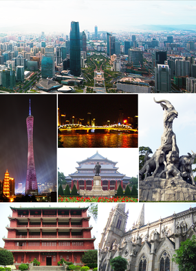 Överst och ned från vänster: Stadsdistrikt Tianhe, Canton Tower och Chigang Pagoda, Haizhubron, Sun Yat-sen Memorial Hall, Staty av de fem getterna, Zhenhai Tower samt Heliga hjärtats katedral.