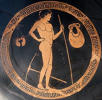 This image depicts an athlete holding a javelin. There is also a pick for loosening dirt in the background as well as two jumping weights hanging up. While this is not the kylix described, the basic elements of the iconography and decorations are similar. Gymnasium scene Petit Palais ADUT00337.jpg
