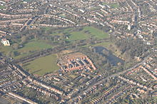 The park from the air, in 2008. St Mary's Church is bottom-right Handsworth Park, Birmingham.jpg