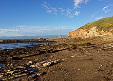 Upper Miocene Migeulito member exposed at Hazard Reef, Montana de Oro State Park. This is the first onshore outcrop of the Monterey Formation south of the Monterey Peninsula. Large exposures continue south along the coast, often associated with important oilfields. Hazard Reef at MdO, SLO.jpg