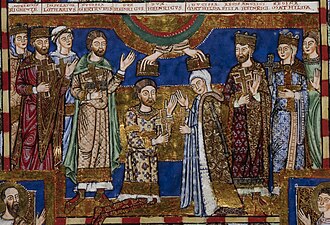 Ο 2ος γάμος του Ερρίκου με τη Ματίλντα της Νορμανδίας. Δεξιά οι γονείς της Ερρίκος Β' και Ελεονόρα της Ακουιτανίας