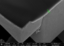 A SEM image depicting the pyramids and antireflection coating of a heterojunction solar cell Heterojunction solar cell surface SEM image.png